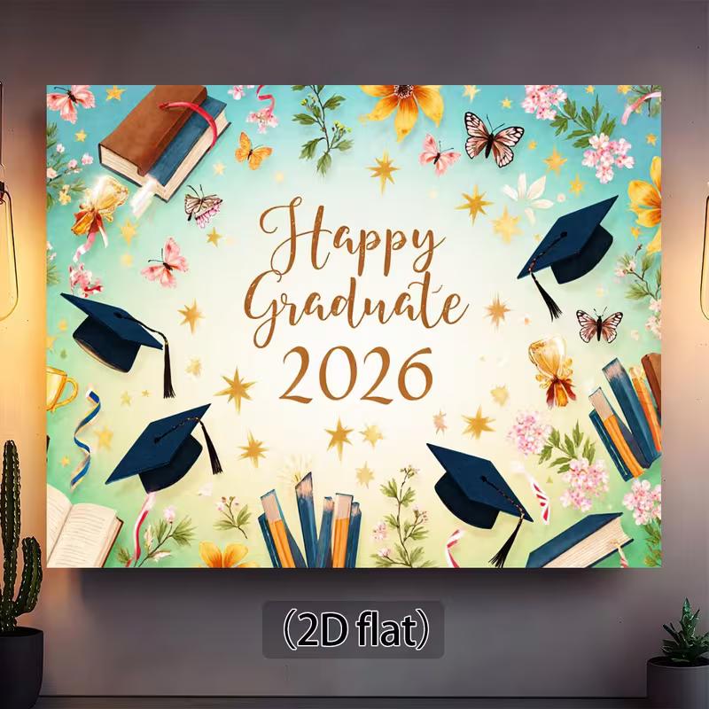 

2D Flat Happy Graduate 2026 Banner, Watercolor Style with Floral and Star Decor Background 47.2x31.5inch/120*80cm