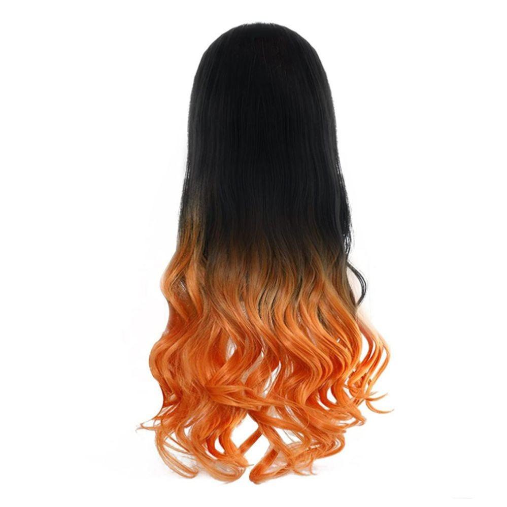 Peluca de Cosplay de Nezuko Kamado de Demon Slayer, Pieza de Cabello de Fibra de Alta Temperatura con Degradado Negro-Naranja