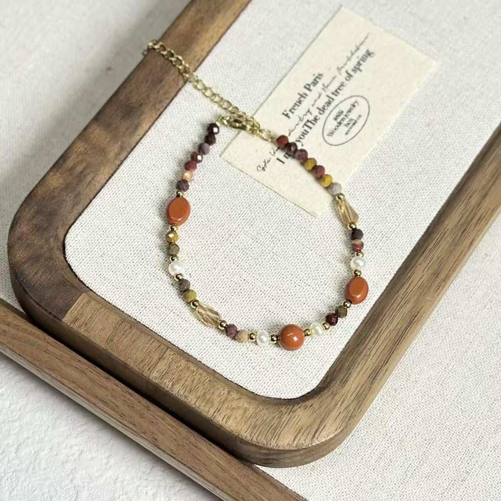 Ethnic Lapis Lazuli & Freshwater Pearl Bracelet with Dunhuang Yolk Stone, Agate, and Red Beads in Titanium Steel.