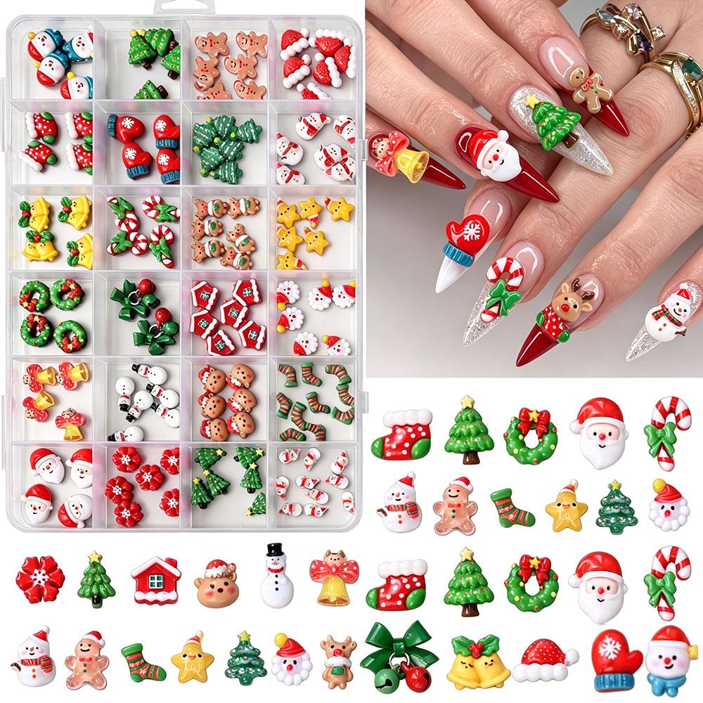 12grid 3D Kawaii Christmas Nail Charms Cute Santa Claus Snowman Bell Stocking Elk Wreath Nail Gems Resin Xmas Manicure Carft D2$