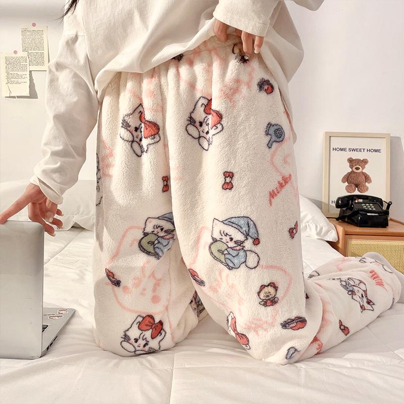 Korean Style Women's Fleece Pajama Pants - Flannel Cartoon Design for Autumn and Winter