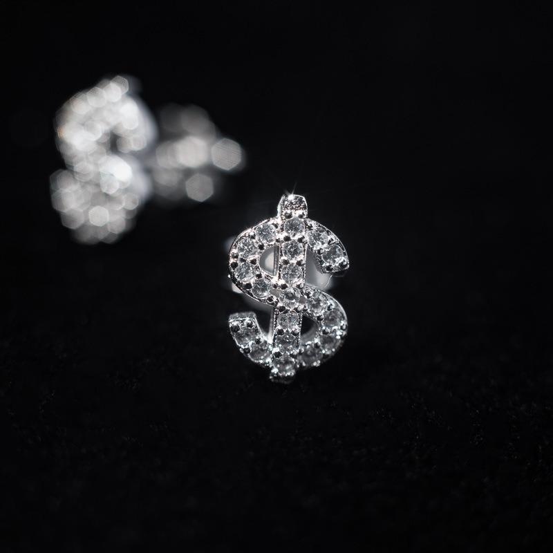 Full Diamond Dollar Design Zircon Stud Earrings Hip Hop Fashion Unisex Jewelry