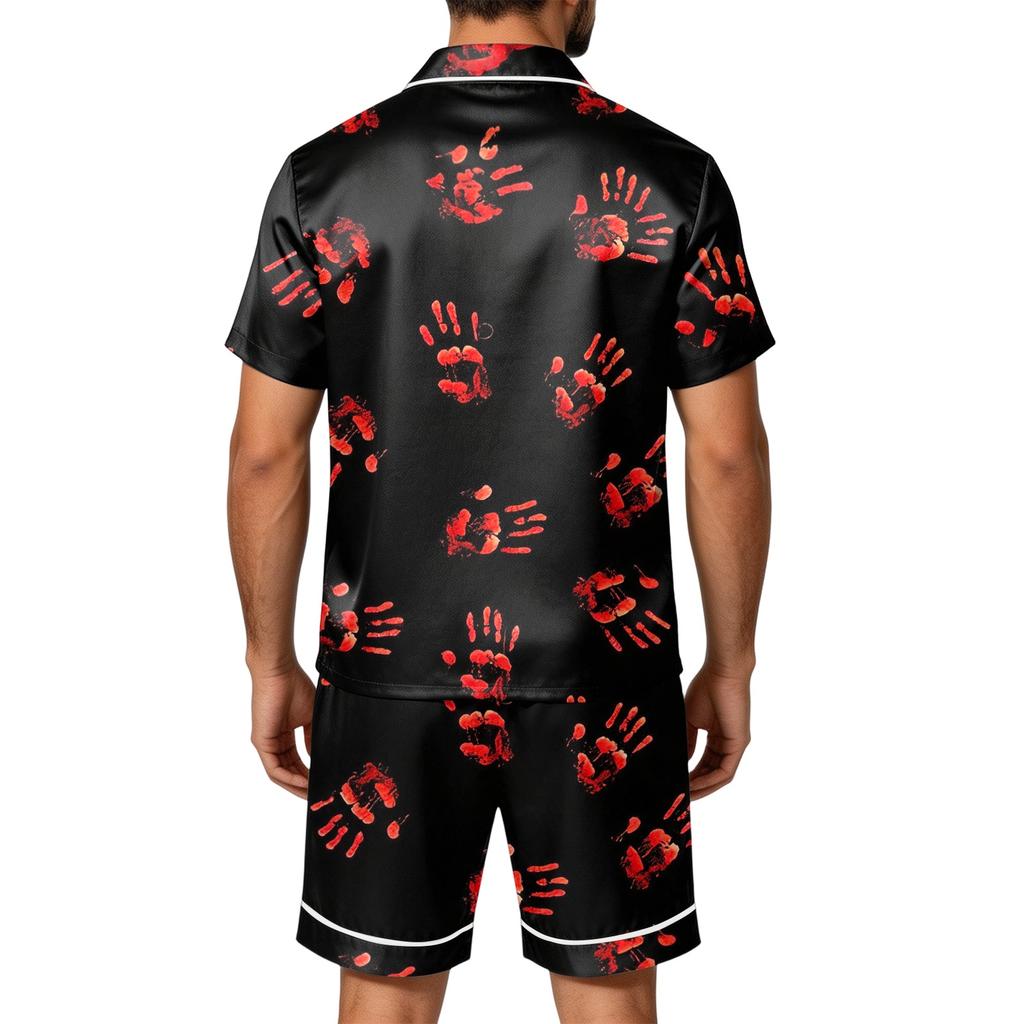 Men's Halloween Satin Print Short Sleeve Pajama Set with Pockets - Loose Fit 2-Piece Sleepwear for Home Daily Wear