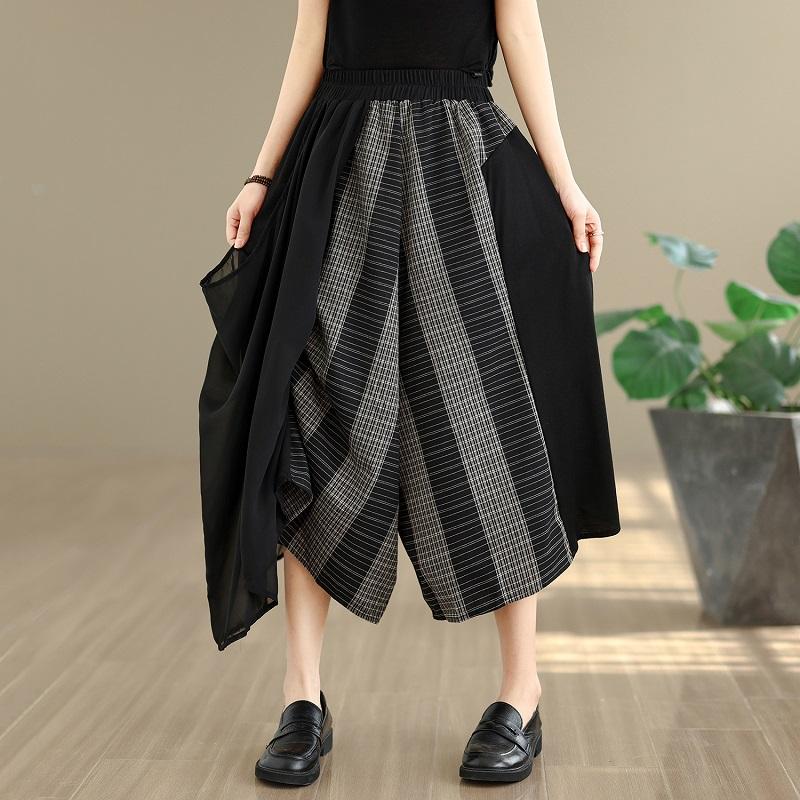 chiffon patchwork oversized Vintage plaid high Waist Casual loose Summer wide leg Cross Pants Women Trousers