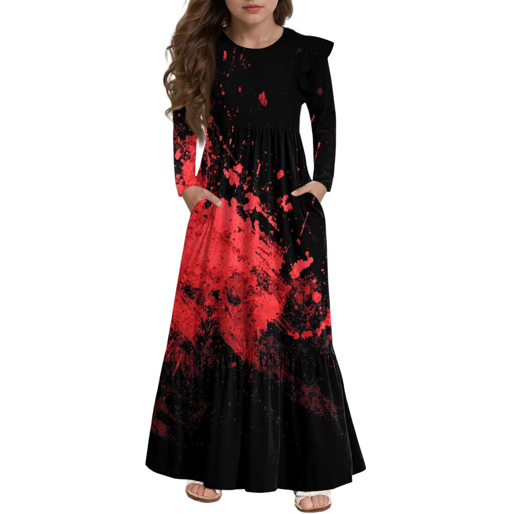 Mädchen Stufenkleid mit Rüschen Halloween Tag - Langärmeliges Maxikleid mit Druck und Taschen