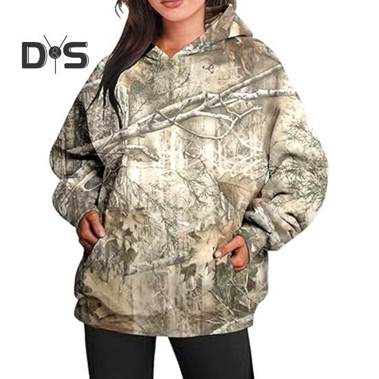 

Женская толстовка с капюшоном и большим передним карманом, камуфляжный принт в виде кленового листа, свободный спортивный топ с капюшоном, повседневный стиль, спортивная одежда для путешествий и активного отдыха XL J