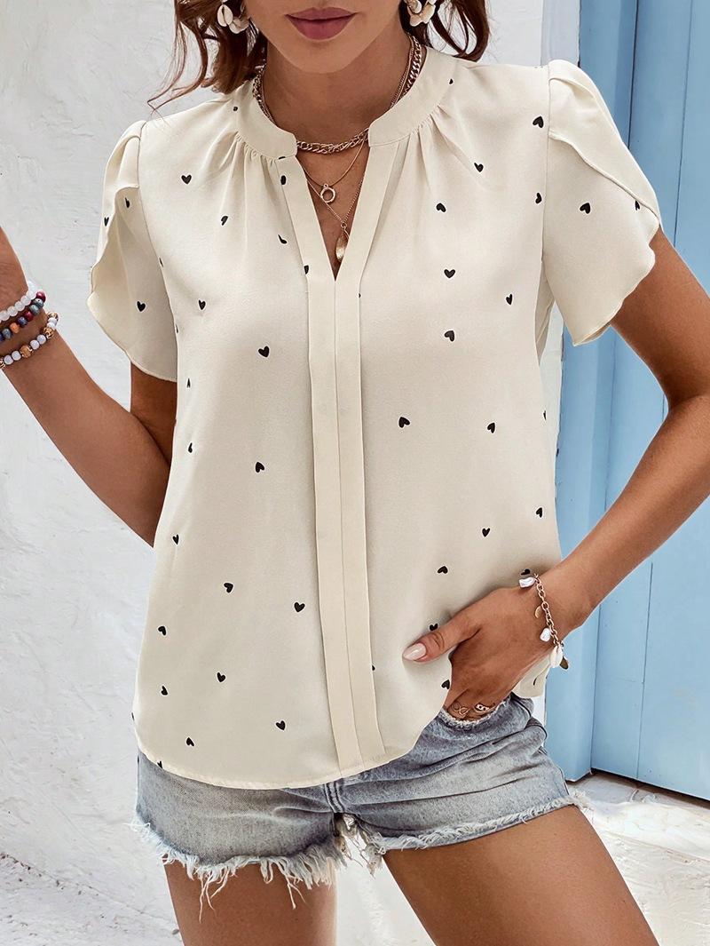 Womens Summer V Neck Heart Print Petal Sleeve Blouse S абрикосовый