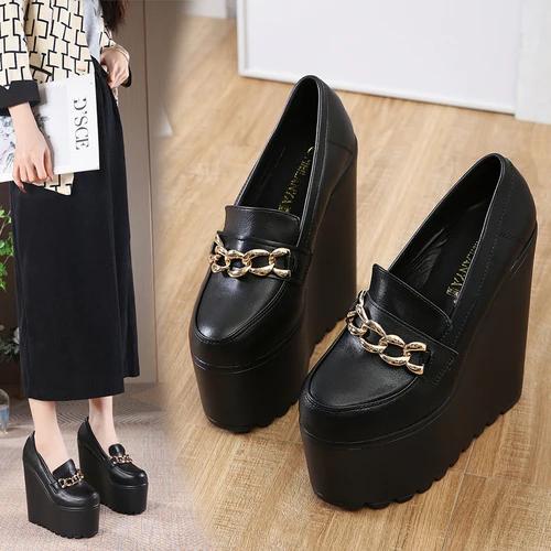 New Muffin Bottom Women's Shoes Wedge Heel Round Head 16CM Super High Heel Shoes Fashion Patent Leather Increase Women's Shoes
