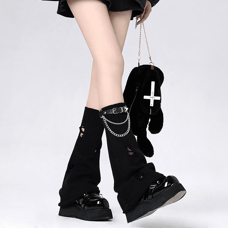 Leather Buckle Knitted Sock, Women's Black Ripped Leg Covers, Flared Personalized Leg Loops, Pile Mid-calf Socks, Stockings