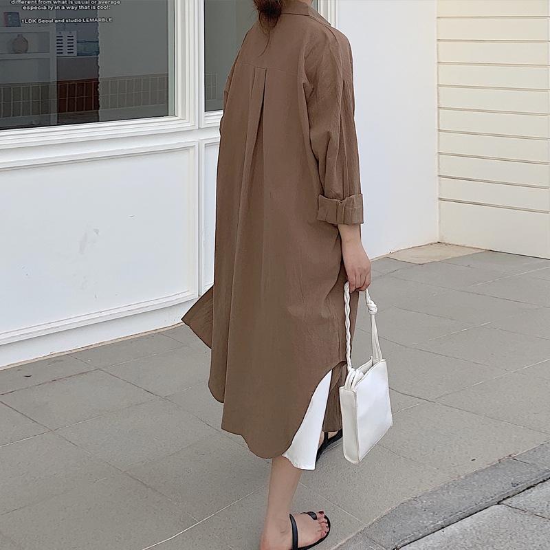 

Korean Lazy Style Simple and Extra Long Over Knee Shirt Solid Color Collar Cardigan Shirt 2XL шоколадний