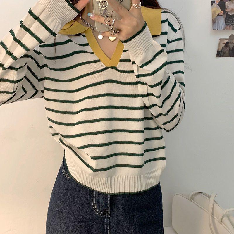 Lazy Style Loose Fitting Pullover Long Sleeved Knitted Sweater Women's Contrasting Striped Short Top