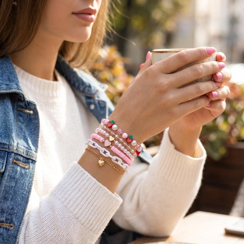 Cute Y2K Strawberry Heart Multilayer Bracelet for Women Girl Pink Polymer Clay Heshi Beads Crystal Chains Set Party Jewelry Gift