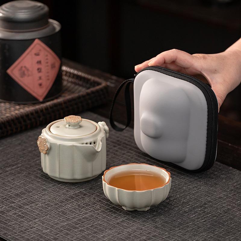 Portable Ru Kiln Travel Tea Set Ceramic Plum Blossom Fast Cup 1 Pot 1 Cup for Outdoor Office Camping Solo Use Gift