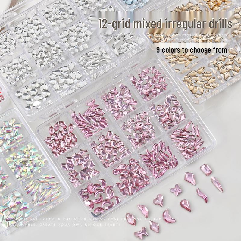 Nail Art Irregular Rhinestones: 12-Grids Mixed Color Flat Back Resin Gems