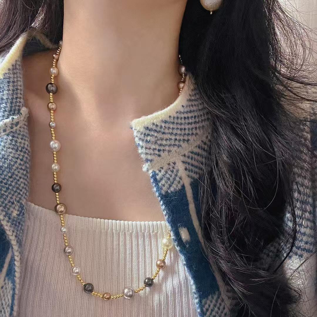 

High Quality Mixed Color Maillard Style Candy Color Artificial Crystal Pearl Gypsy Star Sweater Chain Necklace
