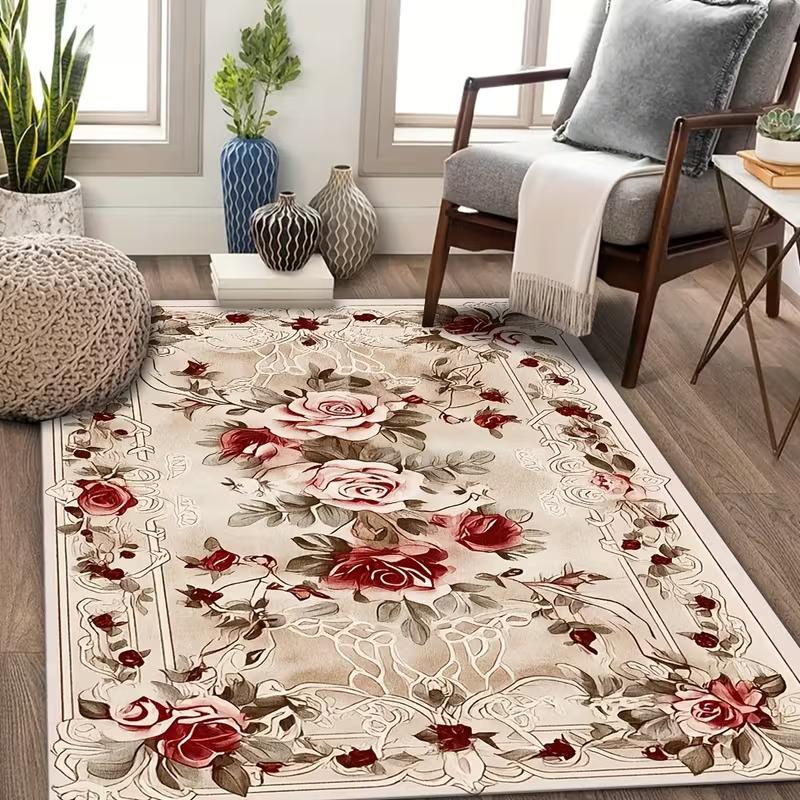 Tappeto Vintage Floreale Rosa Francese Tappeto Romantico con Stampa di Fiori Rosa Tappeto per Soggiorno Tappetino Antiscivolo Morbido per Arredamento Casa per Camera da Letto