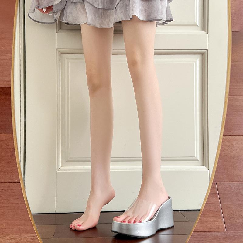 ~ Klínkový podpatek transparentní jednoslovné pantofle dámské zvýšení výšky malé muffinové pantofle na silné podrážce sandály na vysokém podpatku