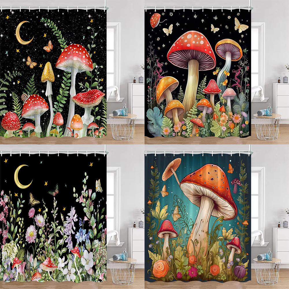 Vintage Mushroom Shower Curtain Astrology Magic Starry Night Flower Frog Mandala Dark Bathroom Curtain Plant Home Decor for Bath