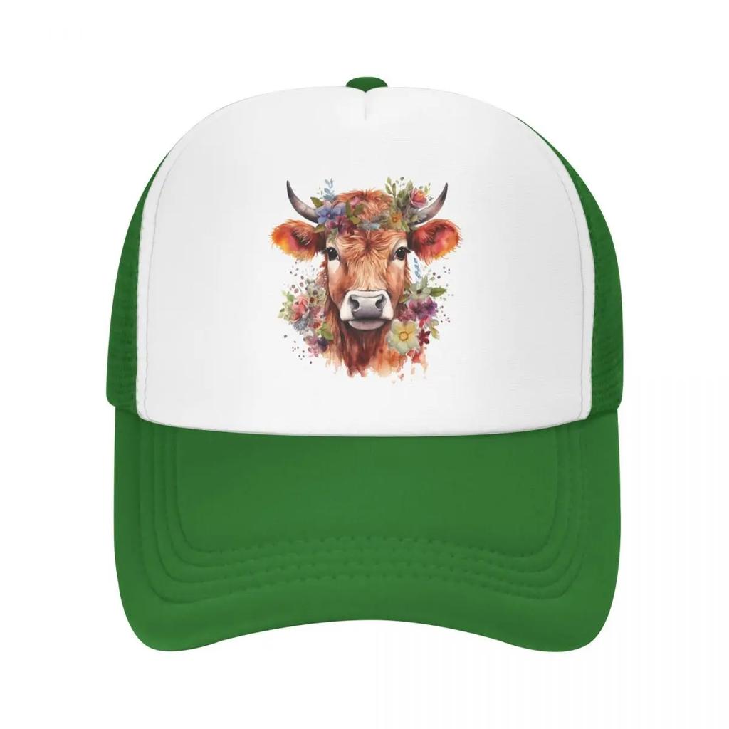 Custom Fashion Highland Cow And Flower Baseball Cap Women Unisex Breathable Trucker Hat PerforUnisexce Snapback Caps
