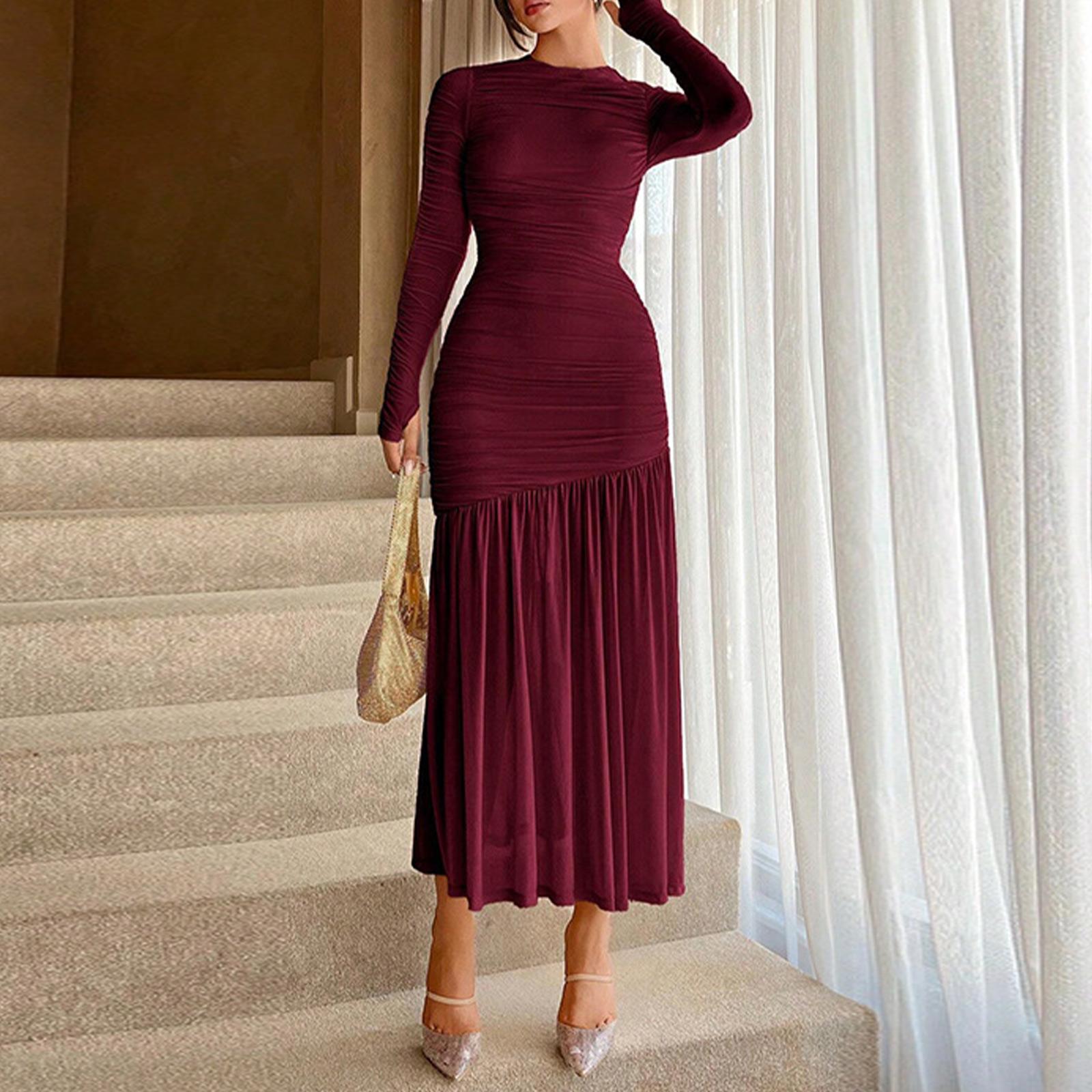 

Women s Elegant Ruched Round Neck Solid Dress L винний