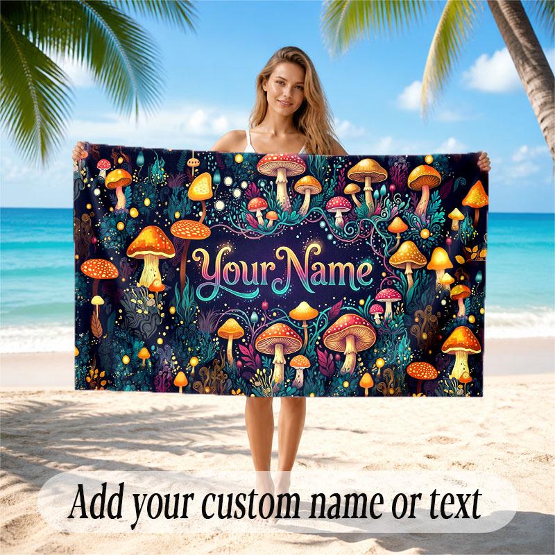 Mushroom Forest Theme Soft Beach Towel Personalized Custom Name Text Towel Portable for Beach Pool Travel