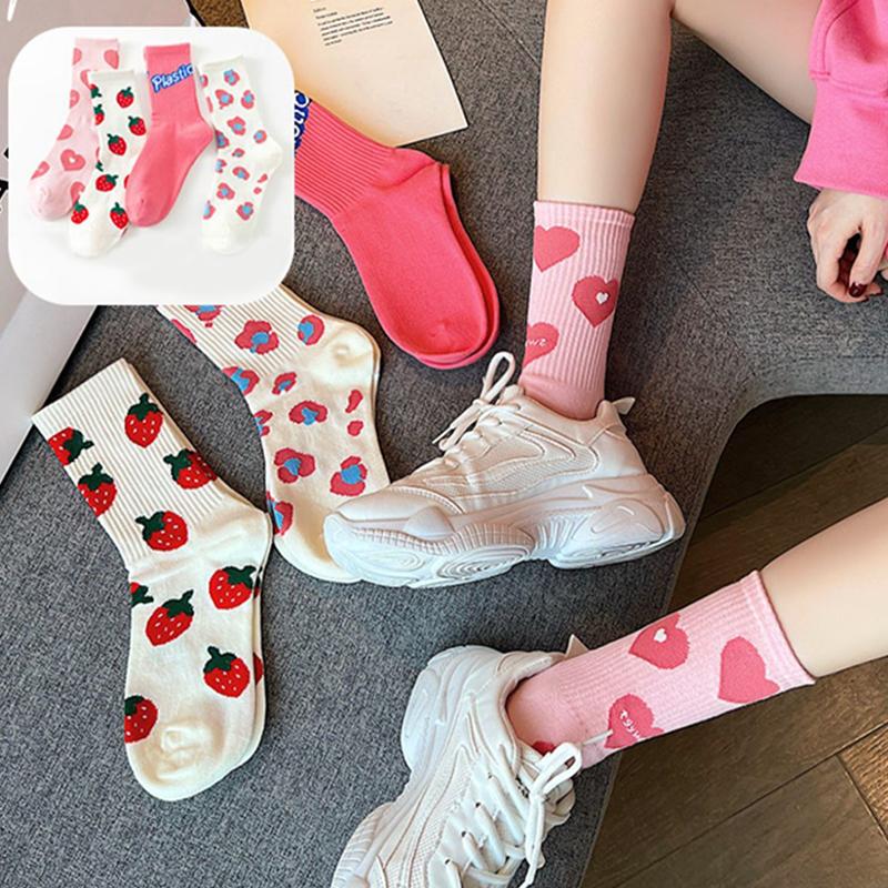 Cute Harajuku Strawberry Love Sweet Socks Middle Tube Breathable  Autumn And Winter Casual Socks