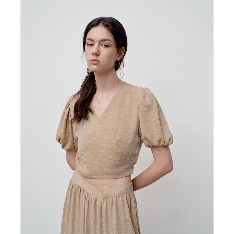 

Французская блузка с пышными рукавами и завязками - Женский летний дизайн с V-образным вырезом, возвраты не принимаются S коричневый