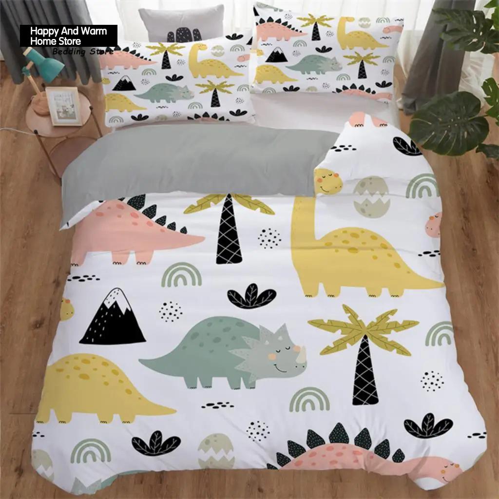 Cartoon Dinosaur Toddler Bedding Set Cartoon Animals Duvet Cover Microfiber Quilt Cover With Pillowcases For Boys Girl Teen