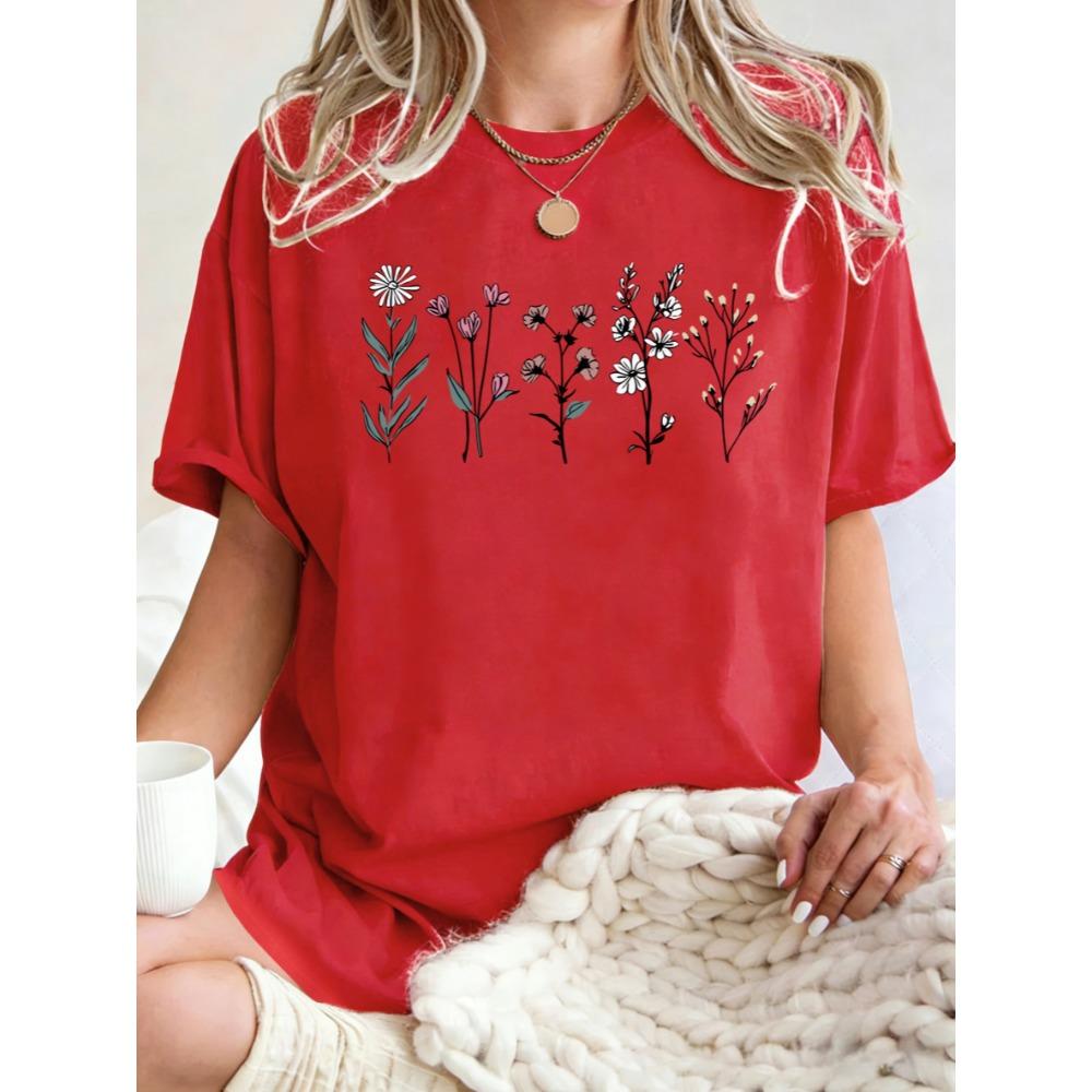 T-shirt z nadrukiem pięknych kwiatów, damski, bawełniany, luźny, letnia odzież, wygodny, Y2K, streetwear