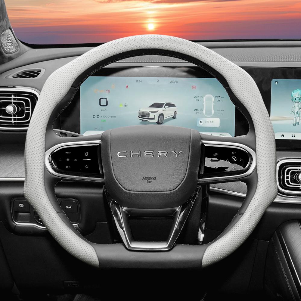 Suitable for Chery Perforated Leather Steering Wheel Cover, Anti-Slip, Sweat-Absorbent, Breathable, Integrated Protective Case for Tiggo 2 3 4 7 8 9