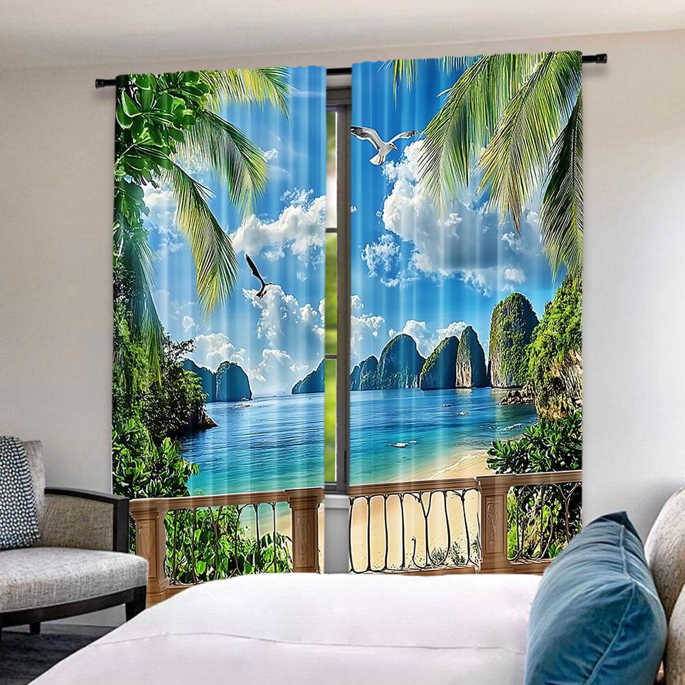 2Pcs Birds Flying By The Sea Curtains For Bedroom And Living Room Study Office Bathroom Decor With Vibrant Landscape Pattern