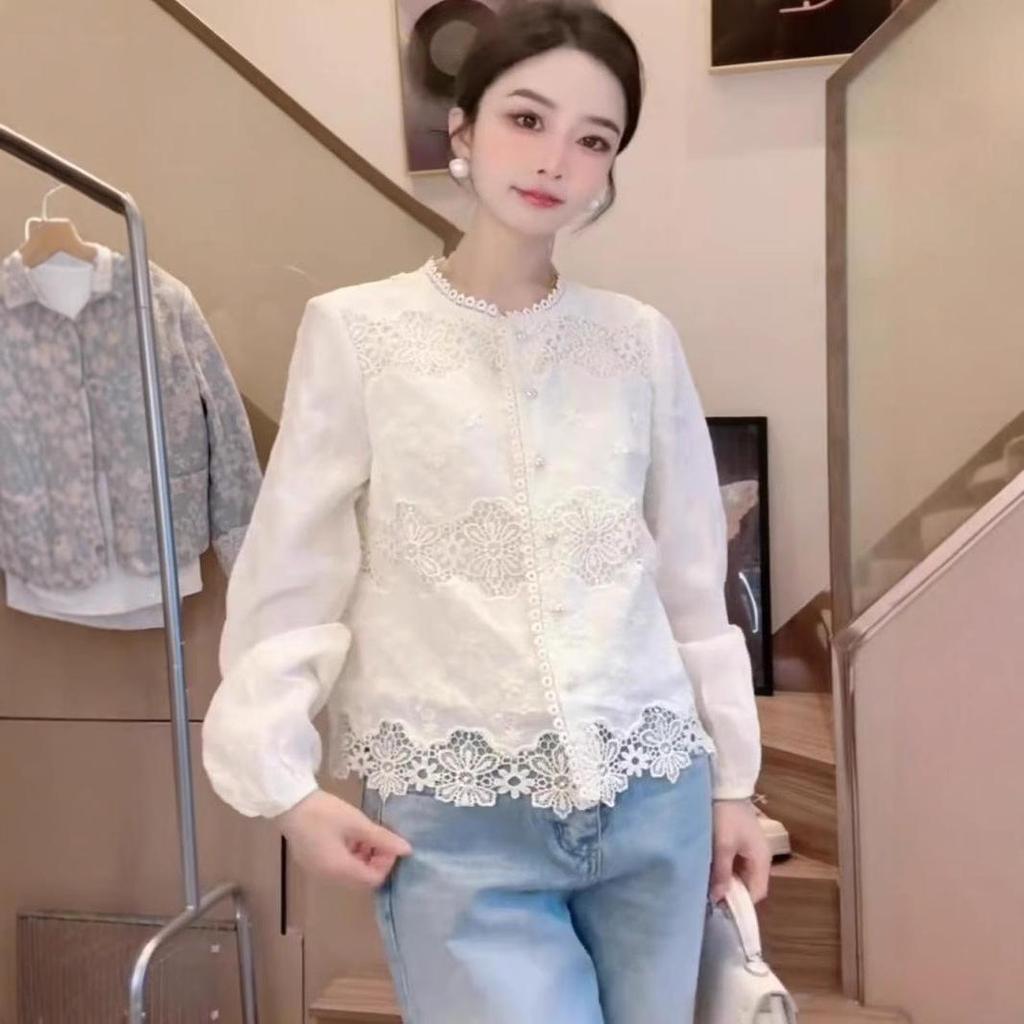 2025 Frühling Elegante Spitzen-Strickjacke & Französisch Weiß Damen Vielseitiges Langarm-Top