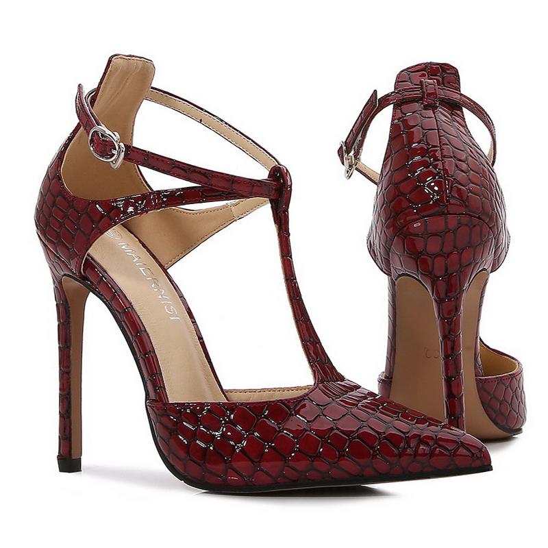

Women Aligator PU High Heel Sandals Pointed Toe T-strap Buckle Single Shoes for Office Nightclub Party Banquet Pub Gathering 35 красный