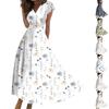 Langes Damenkleid, Maxikleid, Freizeitkleid, Sommer, lässig, kurzärmelig, V-Ausschnitt, Boho-Taillenrückzug, bedrucktes Kleid