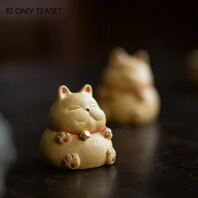 Chinese Yixing Purple Clay Tea Pet Handmade Sculpture Animal Ornaments Lucky Cat Statue Decoration Desktop Decors Crafts Tea Set