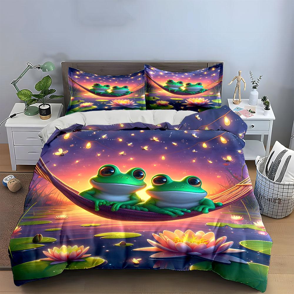 Frog Hammock Sunset Decor Soft Comfortable Duvet Cover Bedding Set Included 1*Duvet Cover & 2*Pillowcases, Gift