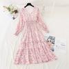 Dresses Layers Two Autumn Spring Fashion Female Printed Floral Long Sleeve Vneck Aline Casual Dress Women Chiffon Dresses With Lining