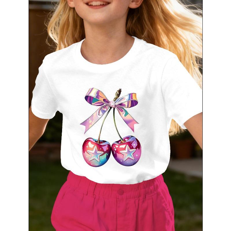 Girls Crewneck Short Sleeve T-Shirt, Cute Gradient Cherry Fruit Print 110