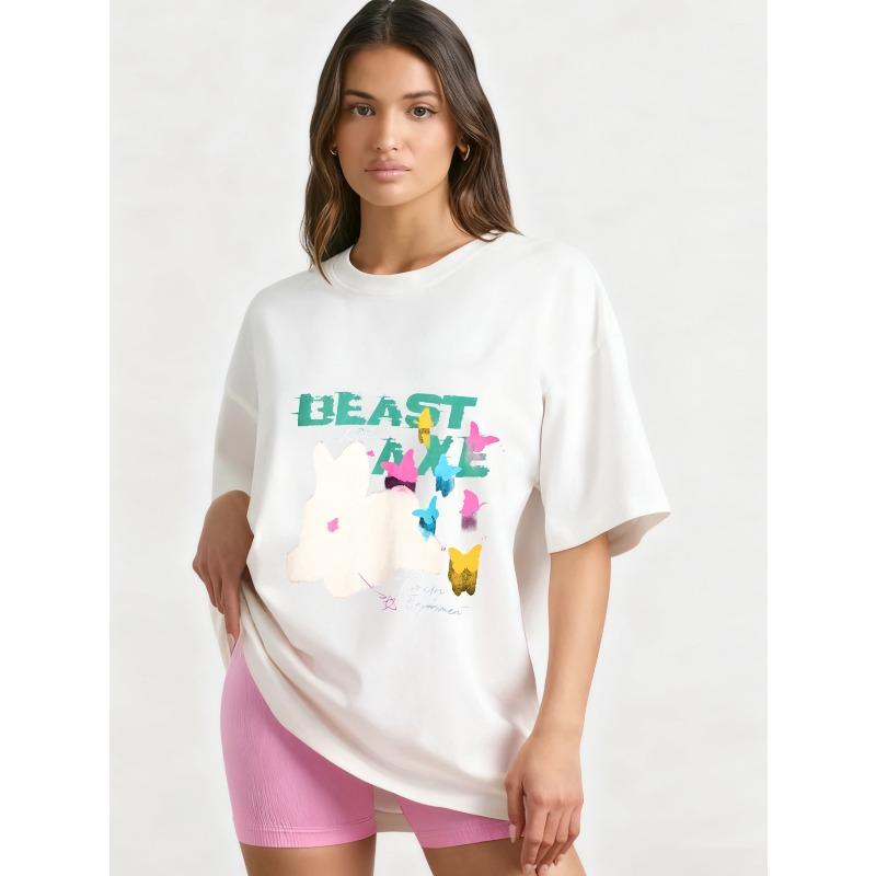 

Oversized T Shirt Black Beast Axe Graphic Print With Bunny And Butterflies Design For Casual Wear XXXXL білий