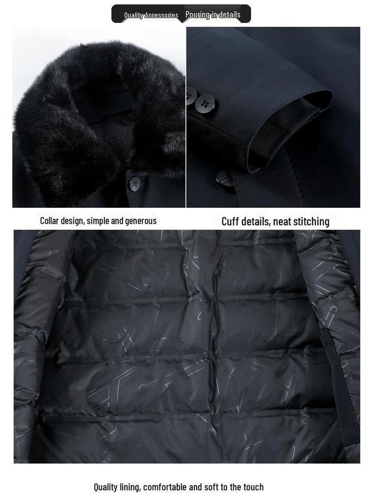 Men's Mink Fur Collar Down Jacket with Detachable Liner, White Duck Down, Autumn/Winter 2025, Middle-Aged Dad Cold Protection Coat.