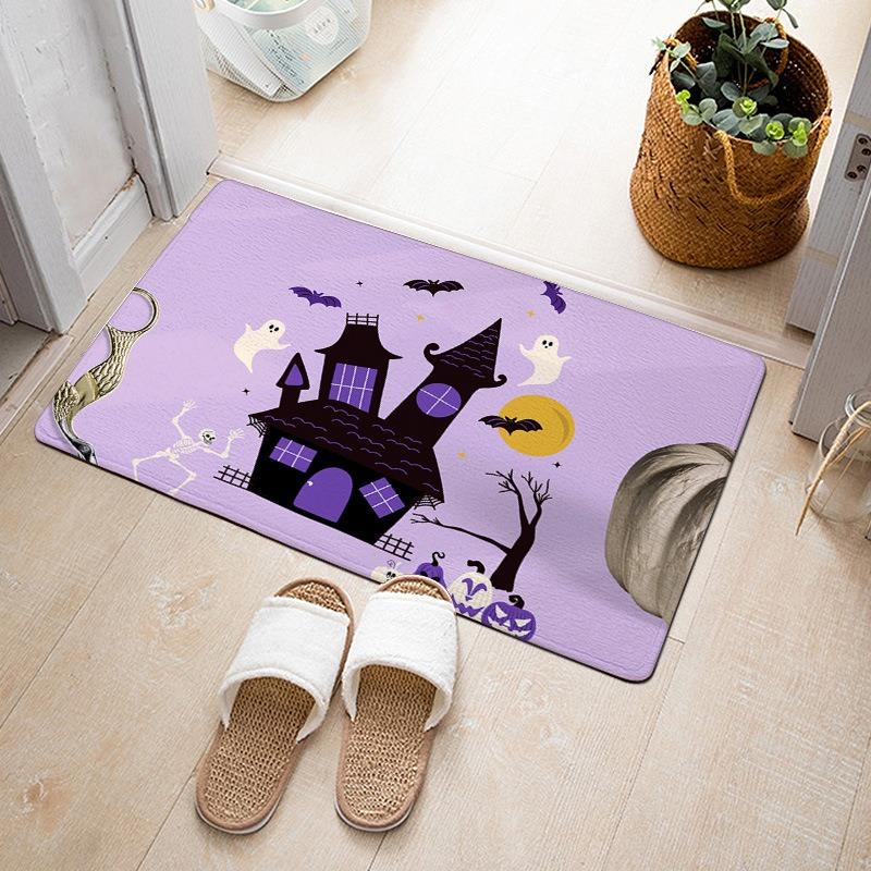 Halloween Theme Door Mat With Pumpkin Black Cat Ghost Bat Witch Hat Castle Patterns Fun Cartoon Decorative Entryway Rug