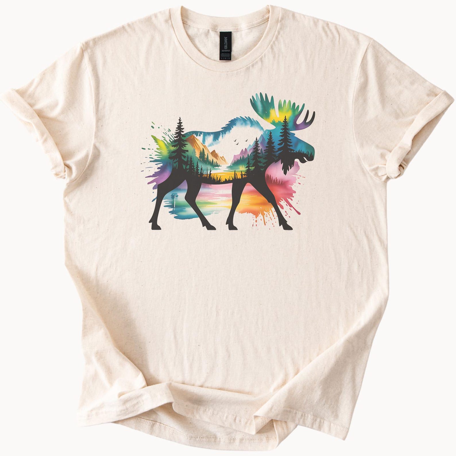 Moose Mountain Forest Graphic Shirt Colorful Nature Animal Art Tee Scenic Landscape Wildlife T Shirt Outdoorsy Gift 140