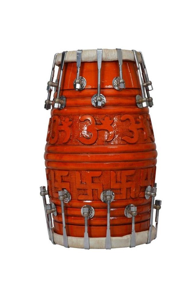 Traditional Wooden Dholak with Om & Swastik Carved Design – Nut & Bolt Tuning | Handcrafted Indian Musical Instrument