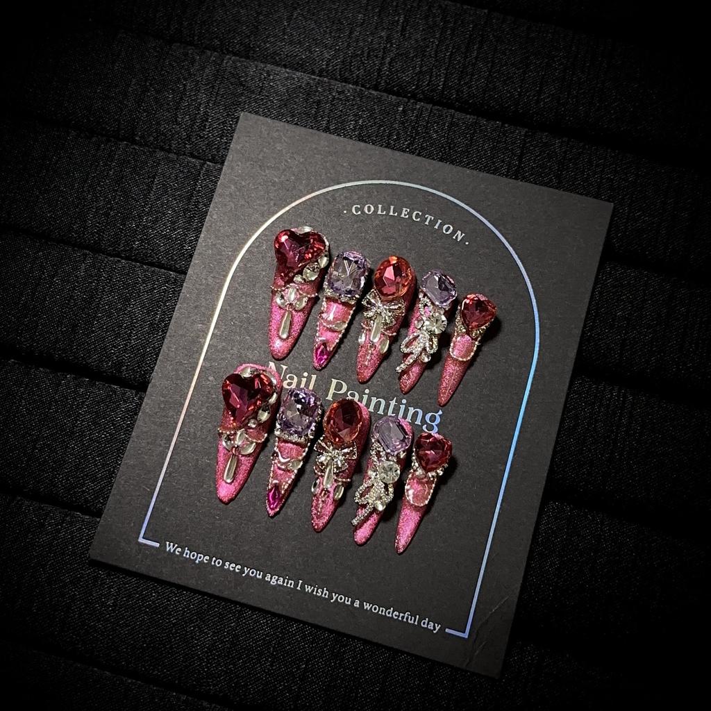 Handmade Luxury Press on Nails Long Almond French Tip Sparkly Fake Nails 3D Rhinestones Designs Acrylic Nails Reusable Stick on Nail for Women