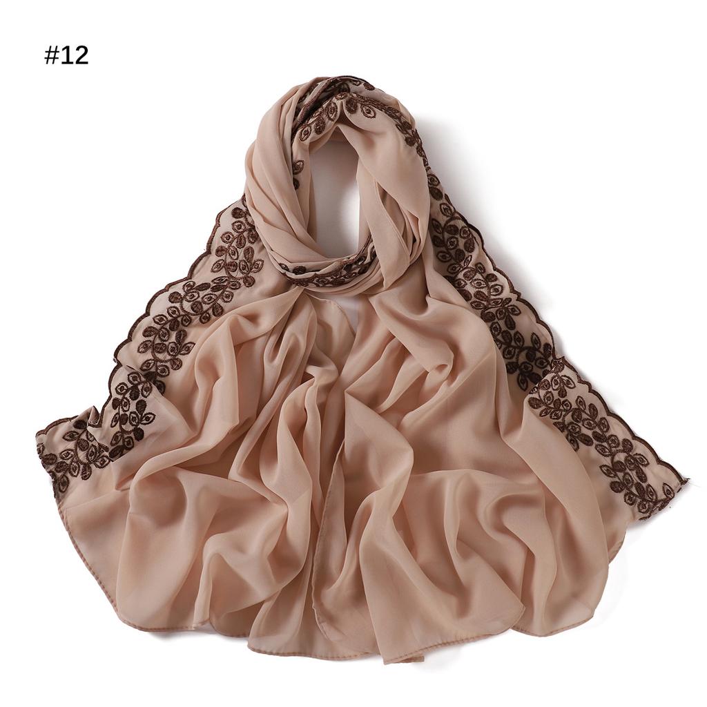 Embroidery Lace Chiffon Hijabs For Women Vine Heavy Pearl Industry Edge Long Scarf Light Scarf Headscarf Shawl Turban Ramadan