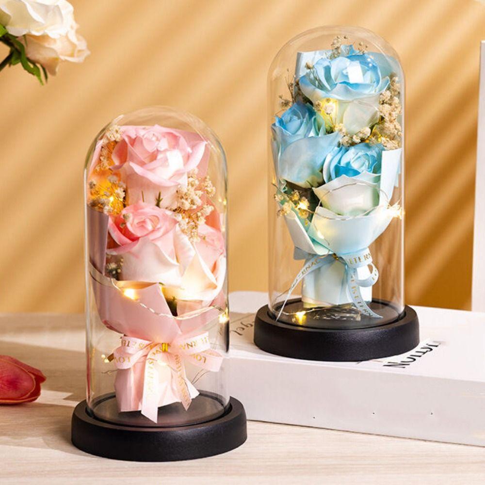 Acrylic Dome Rose Eternal Flowers LED Light Simulation Flower Decor Starry Sky Bouquet Gift