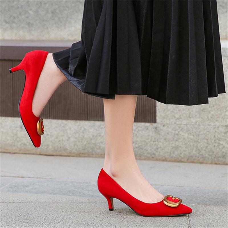 Women 5cm High Heels Metal Flock Pumps Lady Pointed Toe Low Heels Female Mom Office Casual Quality Shoes