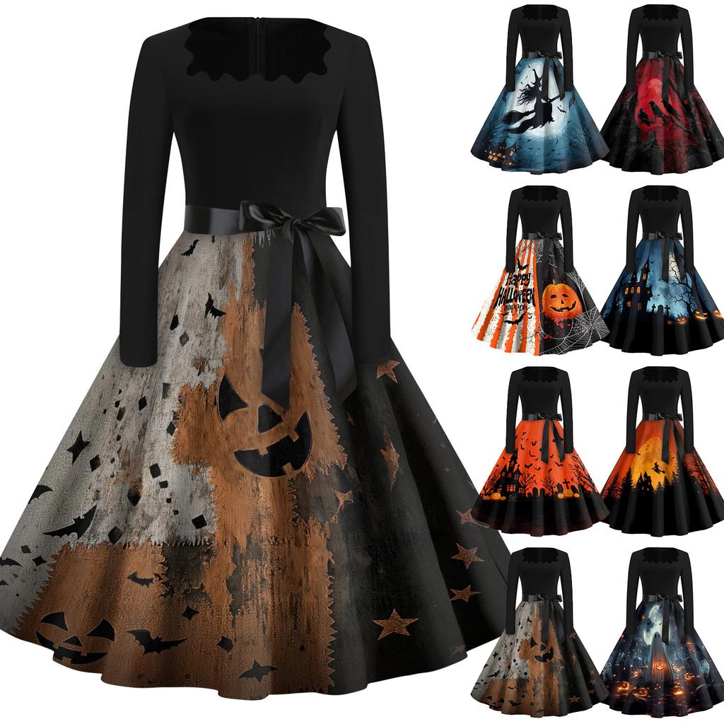 Women's Casual Vintage Halloween Dress Long Sleeve Square Neck A-Line Midi Dress with Printed Skirt and Waist Tie for Seasonal Wear