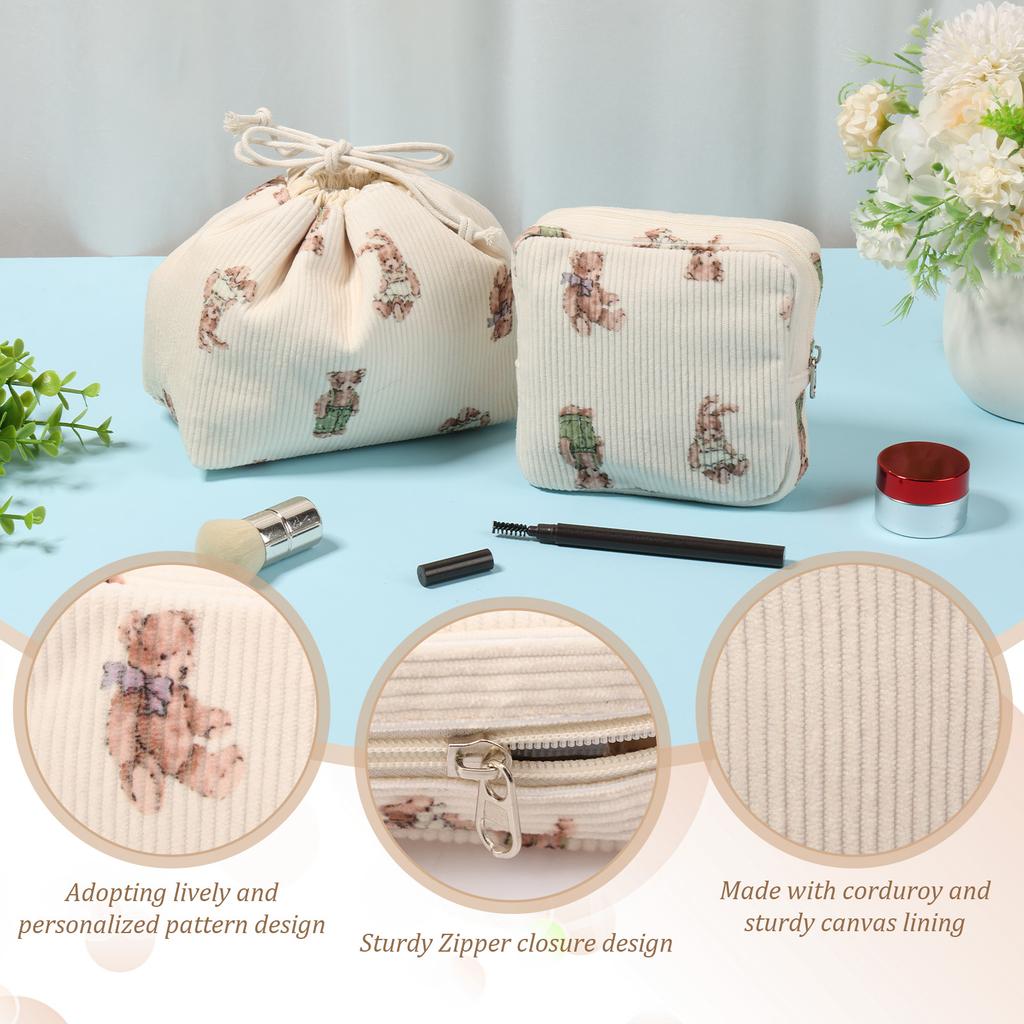2 Pcs Cute Aesthetic Makeup Bag Set Soft Corduroy Cosmetic Bag Set with Canvas Lining Portable Travel Toiletry Bag Set for Women