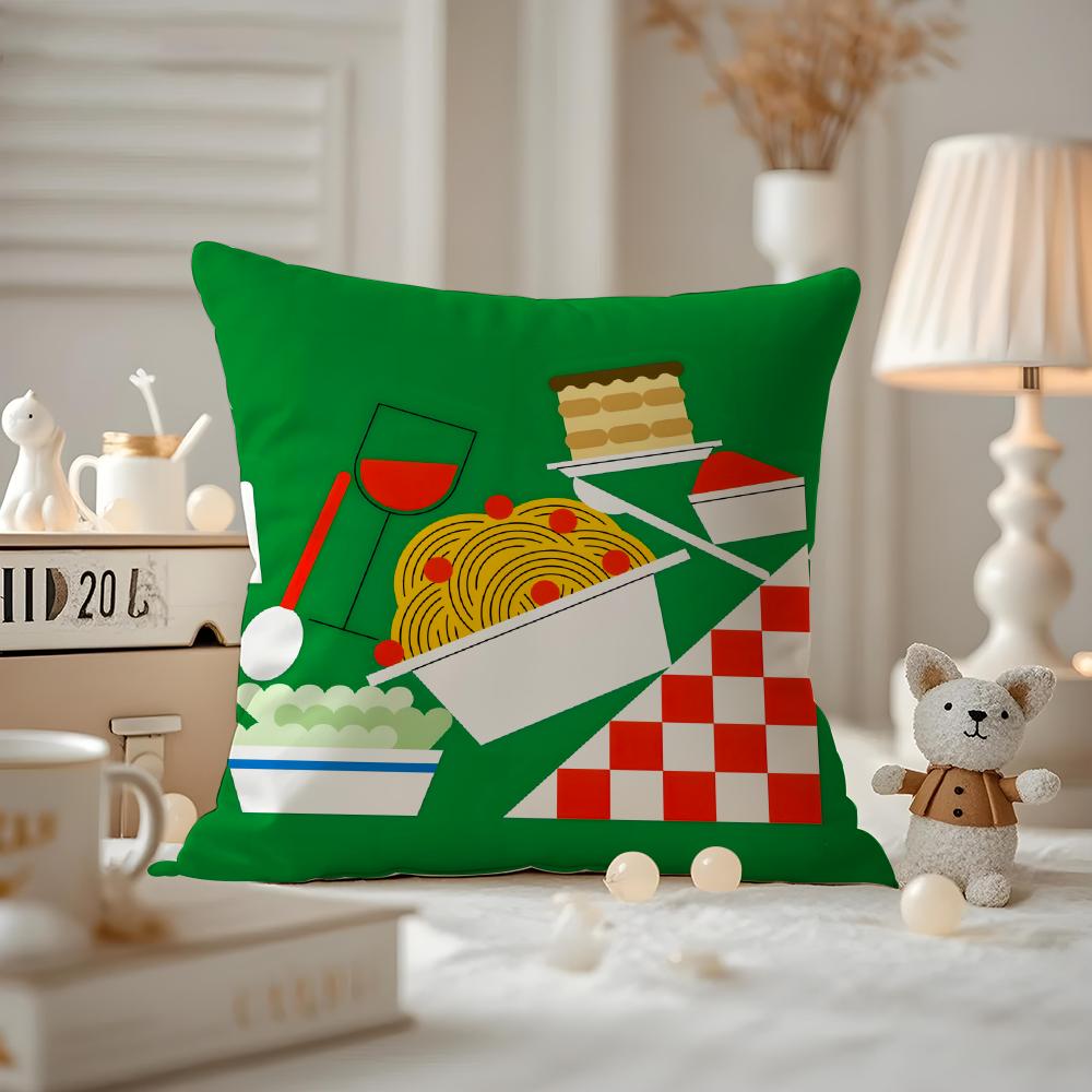 Food Illustration Cushion Cover Anti-dustmite Pillowcase Invisible Zipper Silky Short Plush Sofa Cushion Cover